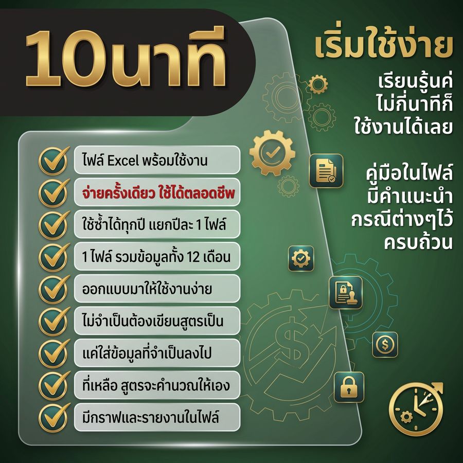 จุดเด่น: เริ่มใช้งานได้ใน 10 นาที ไม่ต้องเขียนสูตรเอง มีคู่มือในไฟล์