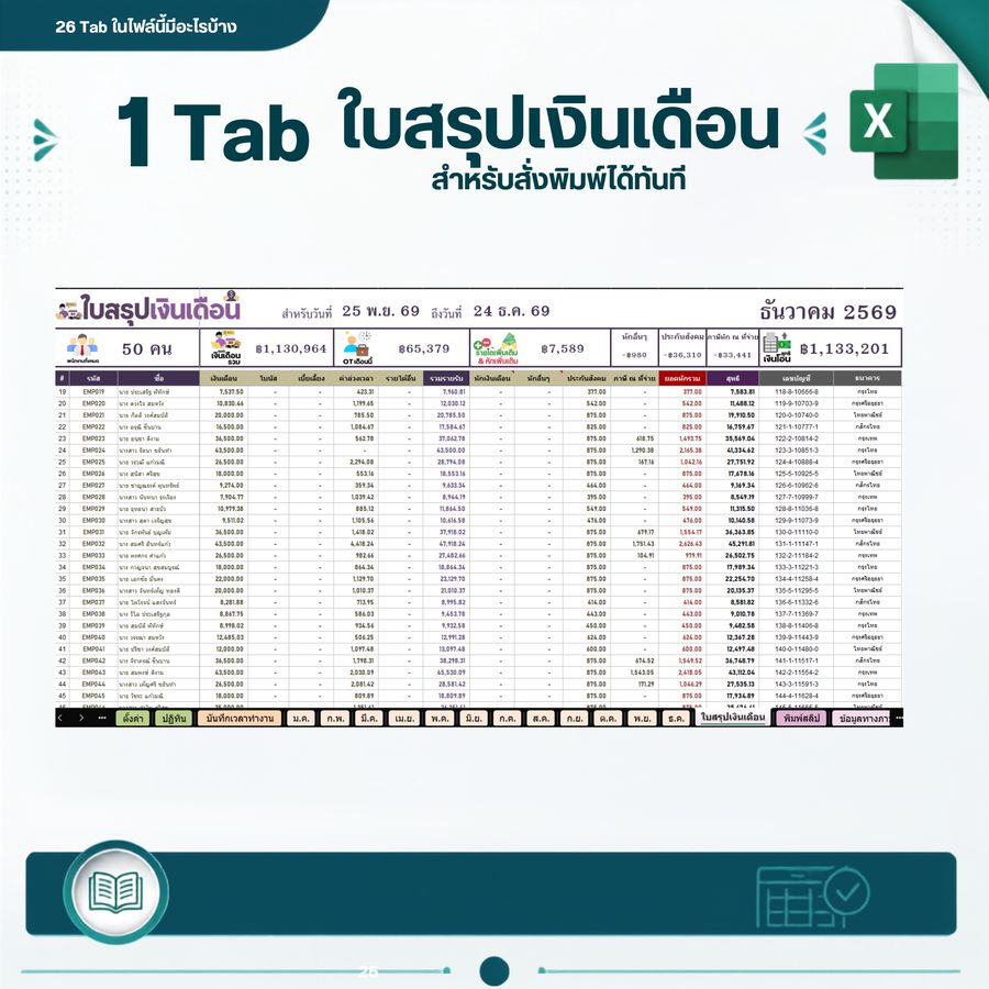 1 Tab ใบสรุปเงินเดือน สำหรับสั่งพิมพ์ได้ทันที