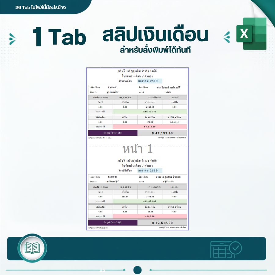 1 Tab สลิปเงินเดือน สำหรับสั่งพิมพ์ได้ทันที