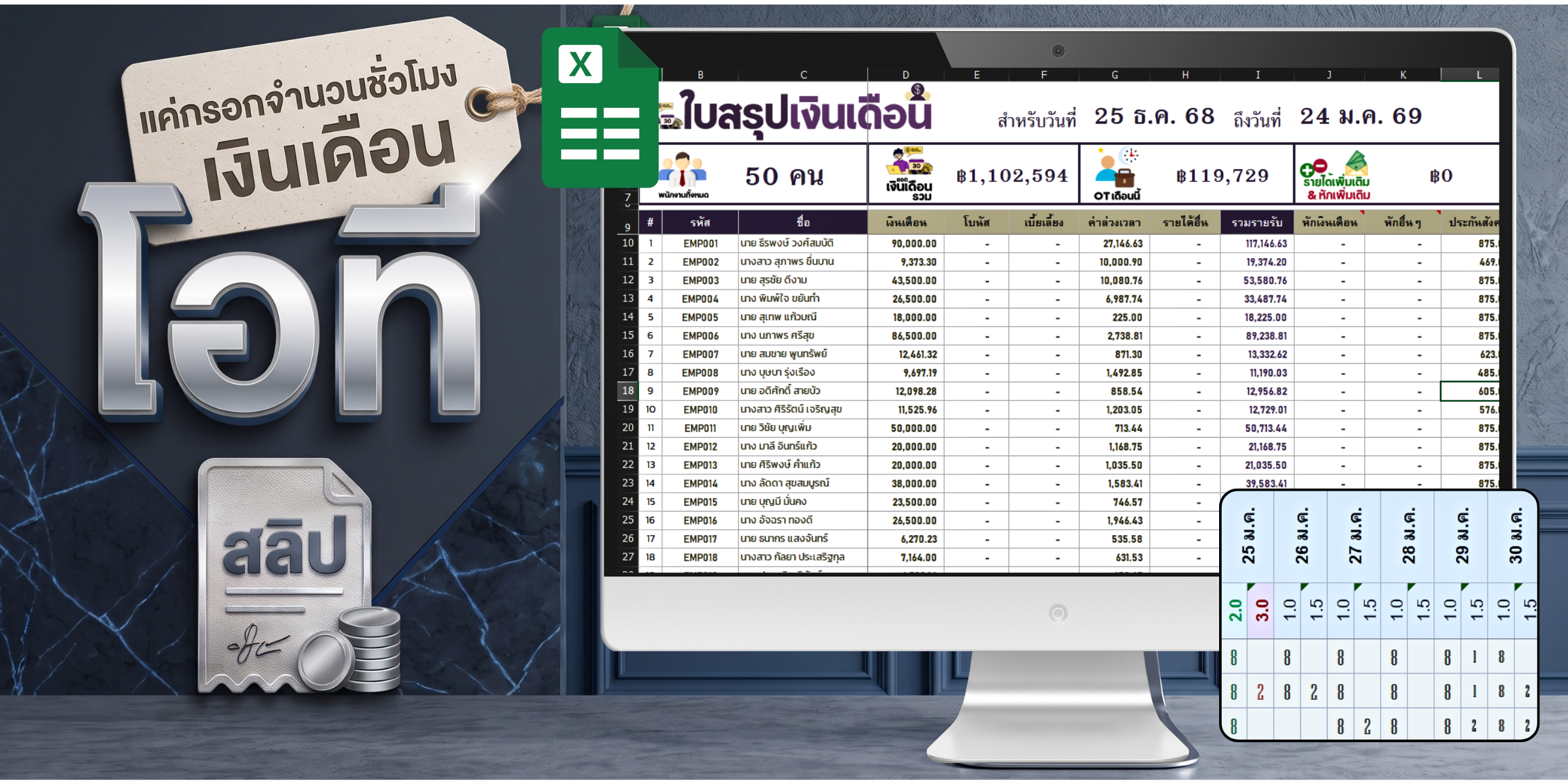 Sheetable PAYROLL รุ่น Manual Hour Lite - คำนวณโอที ภาษี สลิป 50 ทวิ อัตโนมัติ
