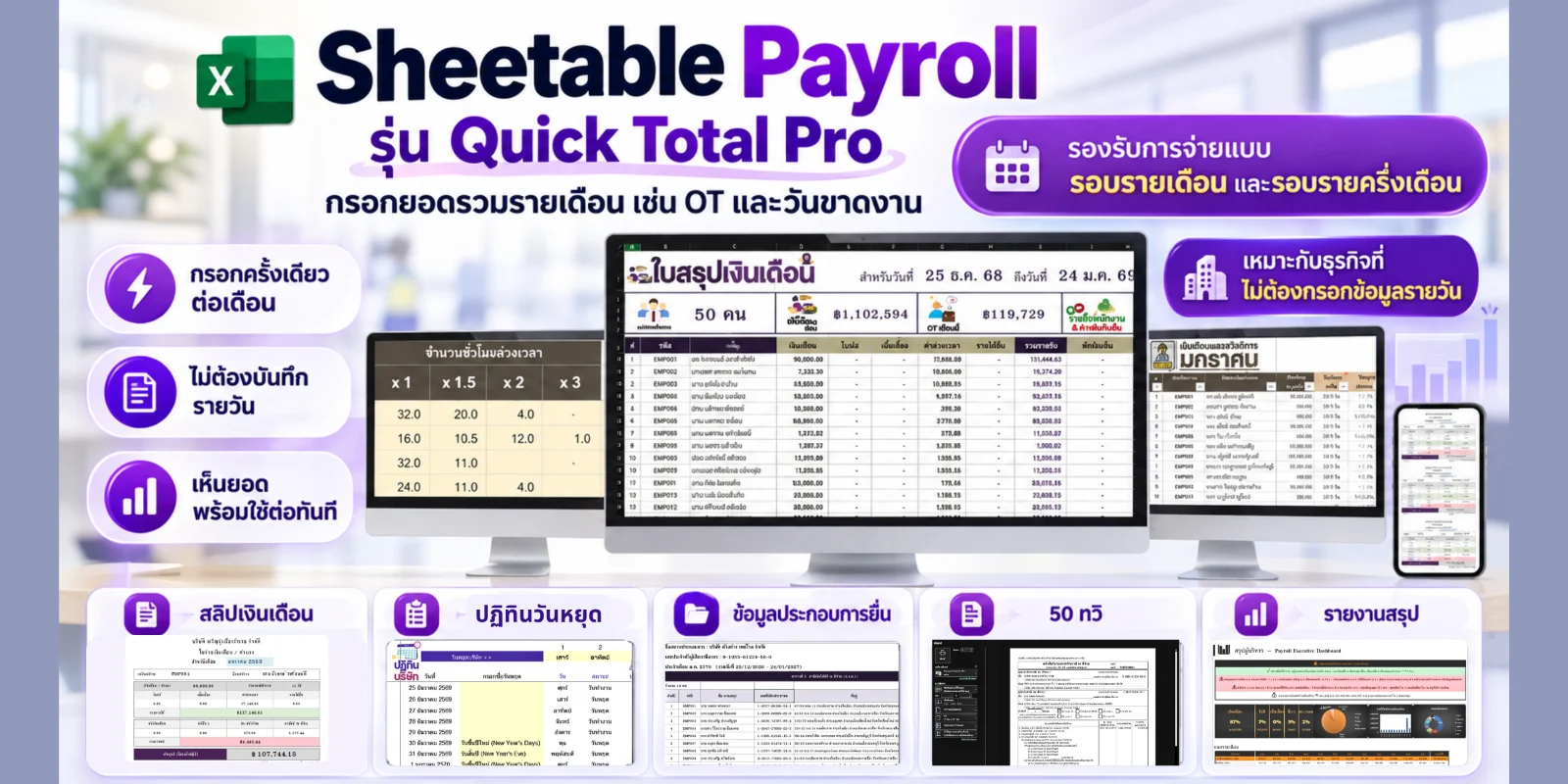 Sheetable Payroll รุ่น Quick Total Pro ใบสรุปเงินเดือน สลิป และรายงาน จากยอดรวมรายเดือน